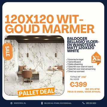 Wit-gouden marmerlook mat 120x120 - Palletdeal 21m² €399, 60 cm of meer, Nieuw, Ophalen of Verzenden, 10 m² of meer