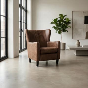 Leren fauteuil Hug, Huis en Inrichting, Fauteuils, Nieuw, Ophalen of Verzenden, 75 tot 100 cm, Eigentijds, Klassiek, Retro, Romantisch