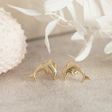Gouden oorstekers dolfijn 14 kraat, Sieraden, Tassen en Uiterlijk, Oorbellen, Verzenden, Zo goed als nieuw, Goud