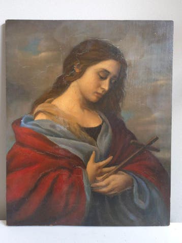 Antiek schilderij Maria Magdalena 19e eeuw olieverf paneel, Paneel, Portret of Personen, Ophalen of Verzenden, Handgeschilderd