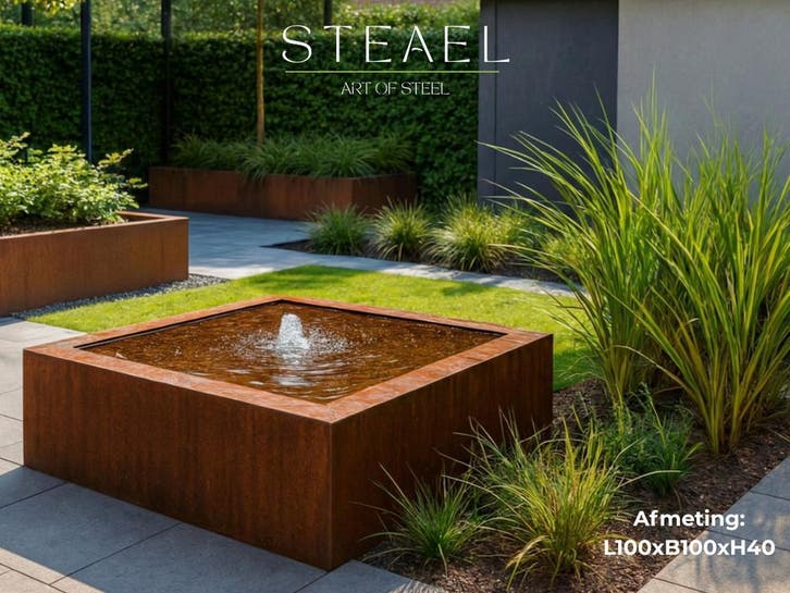 Cortenstaal watertafel - waterfontein - 100 x 100 x 40 cm, Tuin en Terras, Waterpartijen en Fonteinen, Nieuw, Overige materialen