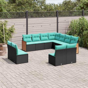 vidaXL 11-delige tuinbankset met kussens, zwart polyrotan, Verzenden, Nieuw