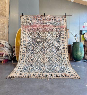 Marokkaans Berbertapijt – ivoren wol – blauwe geometrische, Nieuw