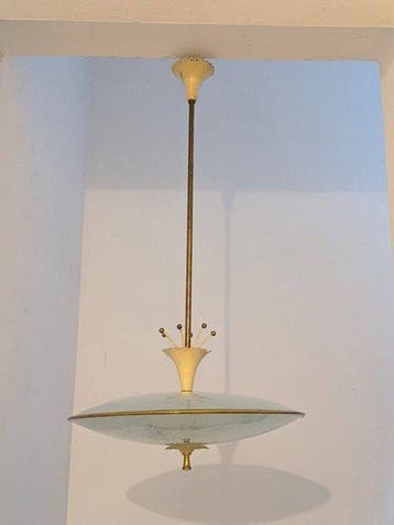 Kroonluchter - Messing, Aluminium, zandstraalglas, Antiek en Kunst, Antiek | Lampen