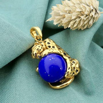 Gouden hanger van een panter met Lapis Lazuli, Ophalen of Verzenden, Gebruikt, Goud, Overige merken