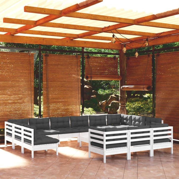 vidaXL 14-delige Loungeset met kussens grenenhout wit, Tuin en Terras, Tuinsets en Loungesets, Loungeset, Nieuw, 4 zitplaatsen