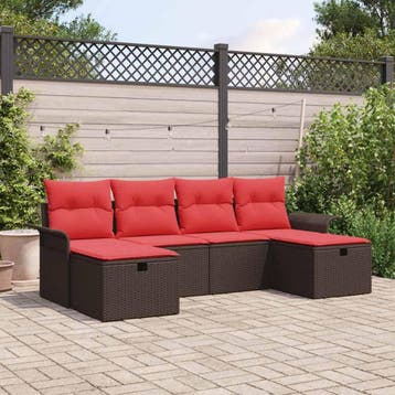 vidaXL Tuin Sofa Set met kussen 6 pcs Bruin en Rood poly, Verzenden, Nieuw, Rotan, 6 zitplaatsen