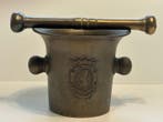 Grote Massieve Antieke Bronzen Vijzel & Stamper Met Leeuwen