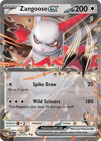 Zangoose EX 167/217 Ascended Heroes, Hobby en Vrije tijd, Verzamelkaartspellen | Pokémon, Ophalen of Verzenden, Nieuw, Losse kaart
