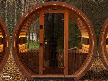 Barrelsauna panorama thermohout barrel sauna prefab geleverd, Sport en Fitness, Nieuw, Fins of Traditioneel, Complete sauna
