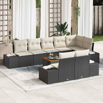 vidaXL Tuinbankenset met kussen 9 pcs Zwart poly rattan, Tuin en Terras, Tuinsets en Loungesets, Verzenden, Nieuw, Rotan, Meer dan 8 zitplaatsen