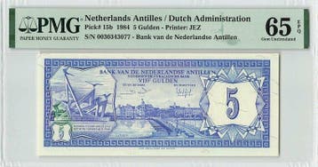 1984 Netherlands Antilles 5 Gulden Pick 15b Pmg Gem Unc 6..., Verzenden