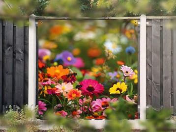 NR 1407: Tuinposter kleurrijke bloemen en bijtje 180x180cm, Nieuw