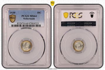 Koningin Wilhelmina 10 cent 1939 MS64 PCGS gecertificeerd, Postzegels en Munten, Munten | Nederland, Verzenden, Zilver, 10 cent