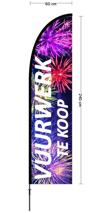 Beachvlag Vuurwerk doek 60x240cm, hoogte zonder voet circa, Nieuw