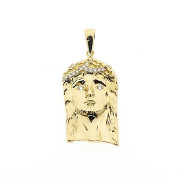 Gouden hanger met het gezicht van Jezus en zirconia, Ophalen of Verzenden, Gebruikt, Goud, Overige merken
