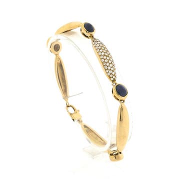 Gouden fantasieschakel armband met saffier en diamanten;..., Gebruikt, Ophalen of Verzenden, Met edelsteen, Goud