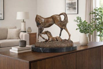 sculptuur, Bronzen beeld merrie en veulen - 25 cm - brons