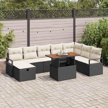 vidaXL Tuinbankenset 9 st Zwart poly rattan, Verzenden, Nieuw, Rotan, Meer dan 8 zitplaatsen