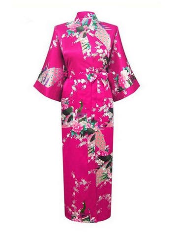 KIMU® Kimono Donkerroze Maxi XL-XXL Yukata Satijn Lang Lange, Ophalen of Verzenden, Nieuw, Maat 46/48 (XL) of groter, Carnaval