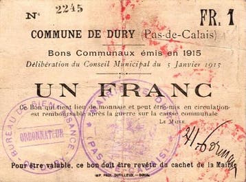 1 Franc France Komitat 62 – Durx – Bon Communaux – 1 F, Verzenden