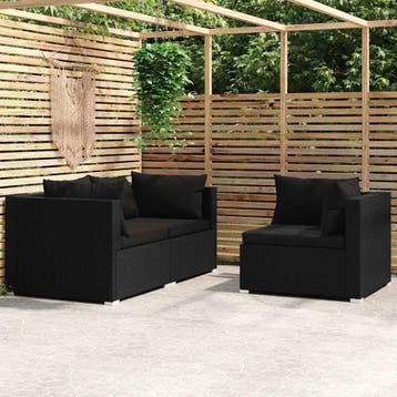 vidaXL 3-delige Loungeset met kussens poly rattan zwart, Verzenden, Nieuw, Loungeset