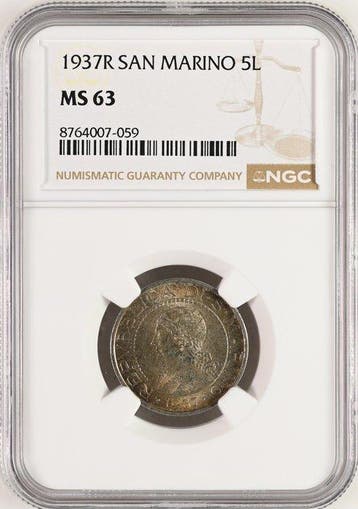 San Marino. 5 Lire Rome mint 1937. Certified by NGC as MS