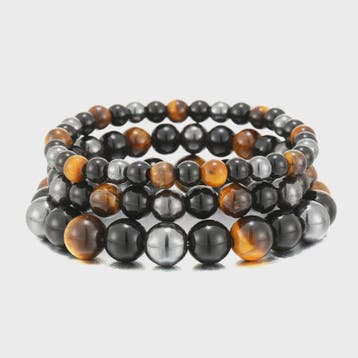 Natuurlijke Obsidian, Hematiet & Tijgeroog Kralen Armband -, Verzenden, Nieuw