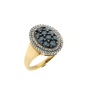 9 karaat ring met blauwe en heldere diamanten, Sieraden, Tassen en Uiterlijk, Ringen, 18 tot 19, Gebruikt, Geel, Ophalen of Verzenden