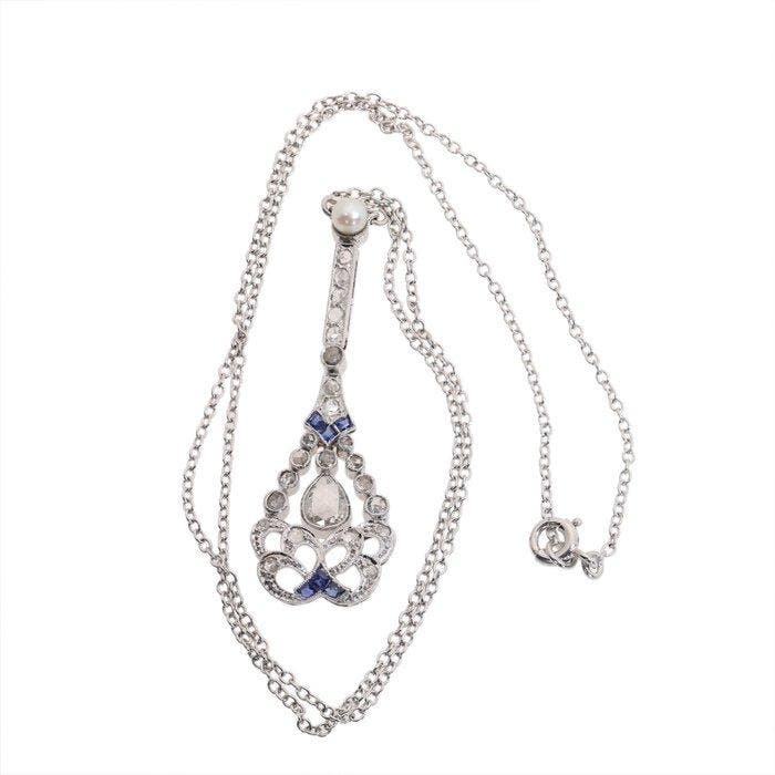 Halsketting Platina - Diamant - Saffier, Art Deco 1920, Sieraden, Tassen en Uiterlijk, Kettingen
