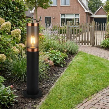 Tuinsokkel - Staande buitenlamp zwart met koper | 45cm, Ophalen of Verzenden, Nieuw, Netvoeding, Staande lamp