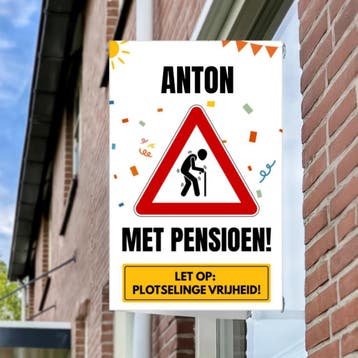 XXL Raambord Pensioen – Verkeersbord - Personaliseerbaar, Hobby en Vrije tijd, Feestartikelen, Verzenden, Nieuw, Versiering, Overige
