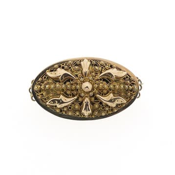 Antieke bicolor gouden broche van filigrain techniek, Ophalen of Verzenden, Gebruikt, Overige kleuren, Goud