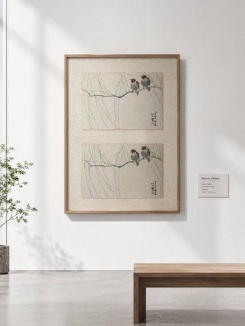 Pair of Woodblock Color Prints – Two Sparrows & Willow