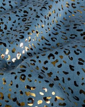 Denim Katoen Foliedruk Luipaard Indigo/Goud, Nieuw