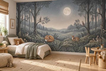 Bosdieren behang met maan – fotobehang kinderkamer, Verzenden, Fotobehang