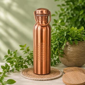 Puur koperen waterfles Flower of Life mat geborsteld met, Ophalen of Verzenden, Nieuw