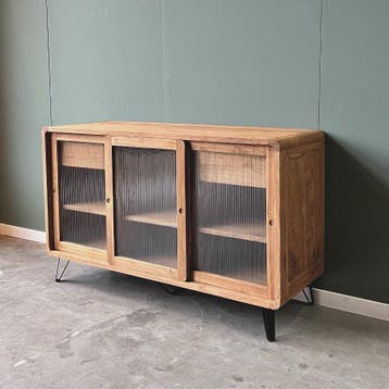 Dressoir | Teakhout | Ribbelglas | 150cm breed | 50cm diep |, 100 tot 150 cm, Glas, Nieuw, Ophalen of Verzenden