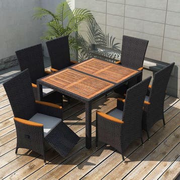 vidaXL 7-delige Tuinset poly rattan acaciahout zwart, Verzenden, Nieuw, 6 zitplaatsen, Tuinset