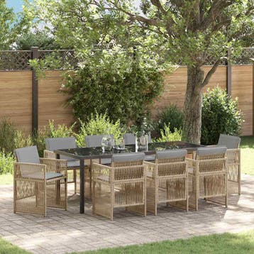 vidaXL Tuin eettafelset 9 st Beige Gepoedercoat staal, Tuin en Terras, Verzenden, Nieuw, Rotan, Meer dan 8 zitplaatsen