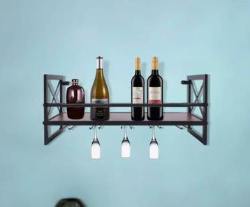 Wandrek Wijnrek met Glashaken – Metaal en Hout, 61 cm, Verzenden, Nieuw