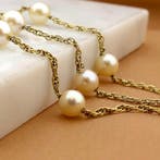 Gouden Singapore schakelketting met parels, Sieraden, Tassen en Uiterlijk, Kettingen, Gebruikt, Overige kleuren, Ophalen of Verzenden