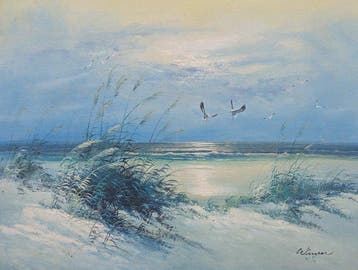 Europese school (XX) - Küstenlandschaft mit Dünen und Möwen, Antiek en Kunst