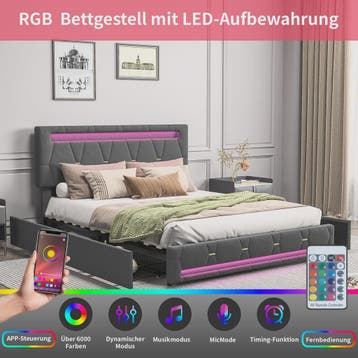 Modern Gestoffeerd Dubbel Bed met LED Verlichting en 4 Opber, Verzenden, Nieuw