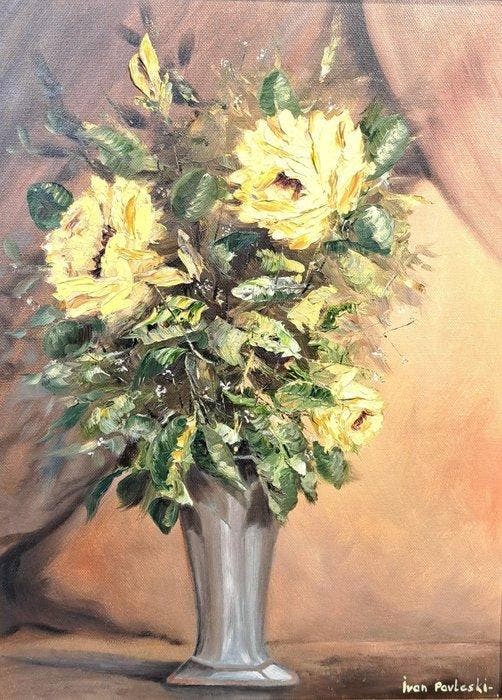 Ivan Pavleski (XX) - Gele rozen op vaas, Antiek en Kunst, Kunst | Schilderijen | Klassiek