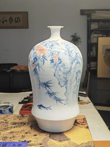Vaas - Porselein - China - ChineseVase Vis&Hibiscus (Zonder, Antiek en Kunst
