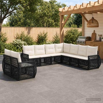 vidaXL Tuinbankenset 9 st Zwart en Cream Wit poly rattan, Verzenden, Nieuw, Meer dan 8 zitplaatsen