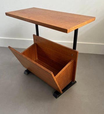 Bijzettafel - Teak, Metaal - Vintage teakhouten lectuurbak, Antiek en Kunst