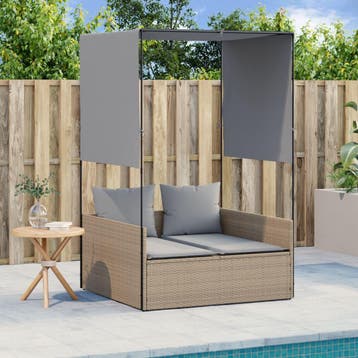 vidaXL Ligbed tweepersoons met dak en gordijn poly rattan, Tuin en Terras, Verzenden, Nieuw