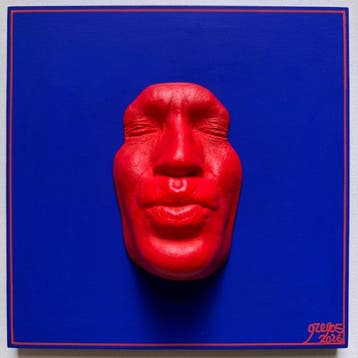 gregos - Red kiss on blue background-red line